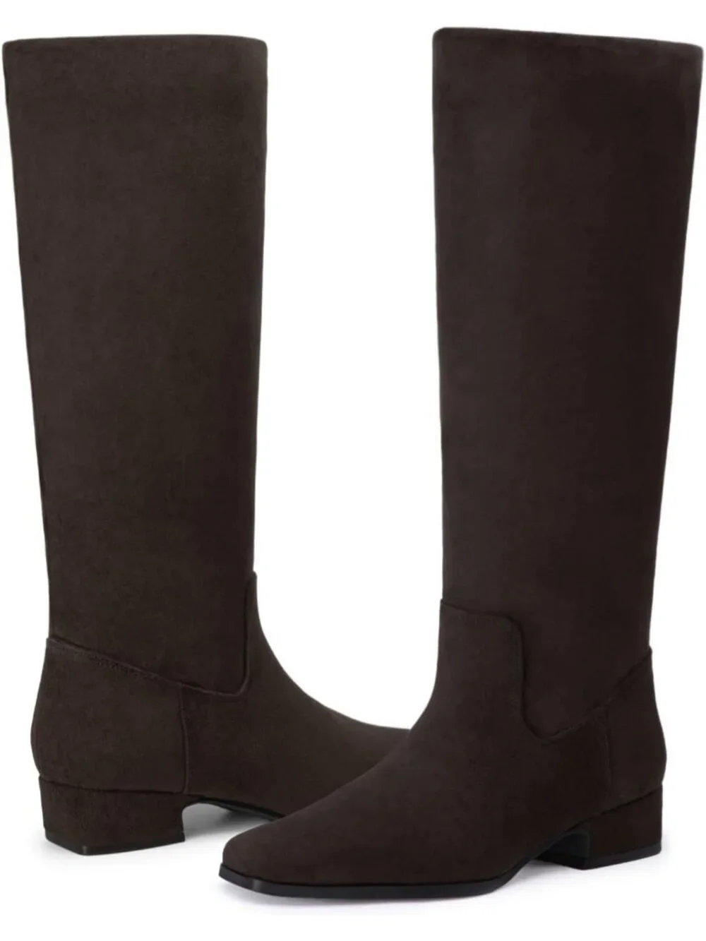 Women's Chocolate Faux Suede Flat Chunky Low Heel Stretchy Shaft Knee High Boots